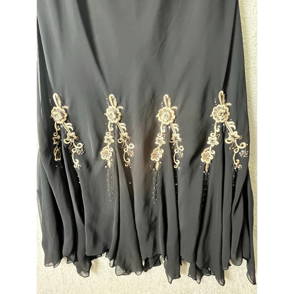 Vintage y2k Black Chiffon Handkerchief Hem Dress Floral Beaded Embroidered Med - Picture 3 of 7